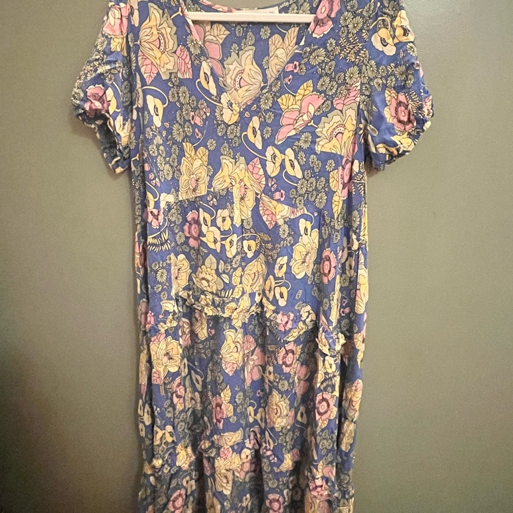 Floral Elegance Midi Dress in Blue and Pink